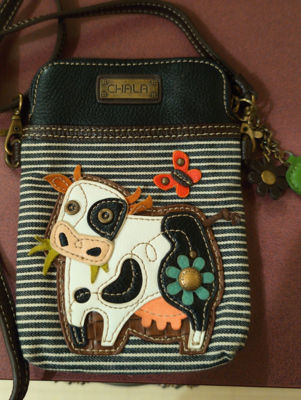 NWOT Chala Black & Cream Striped Crossbody with Cow Appliqué